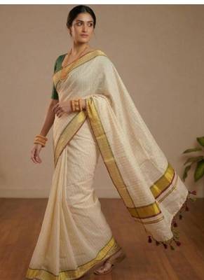 off white artisan stripe tissue kasavu saree 2