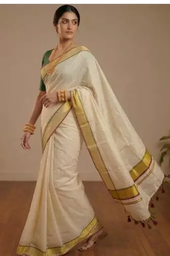 off white artisan stripe tissue kasavu saree