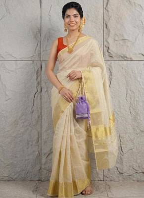 cream zari woven tissue kasavu saree with rich gold border 3