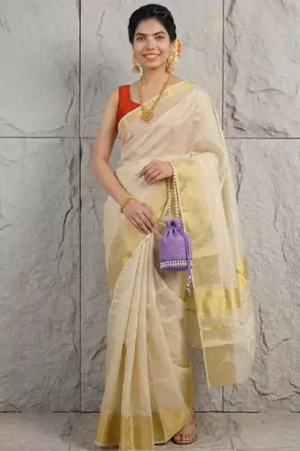 cream zari woven tissue kasavu saree with rich gold border