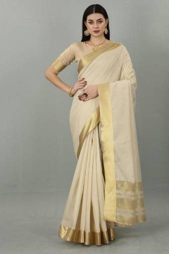 cream zari kasavu saree with classic gold border