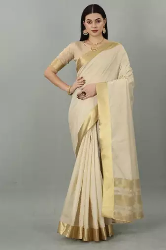 cream zari kasavu saree with classic gold border