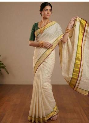 off white artisan stripe tissue kasavu saree 4