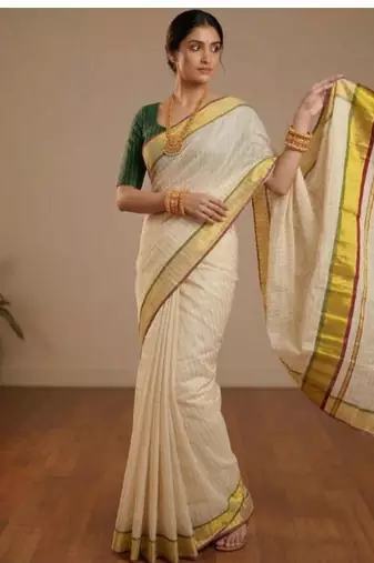 off white artisan stripe tissue kasavu saree