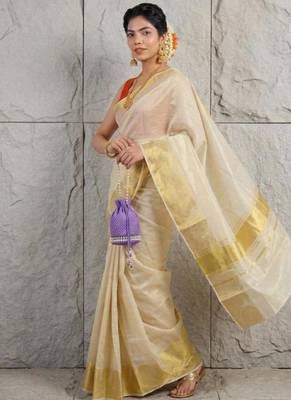 cream zari woven tissue kasavu saree with rich gold border 4