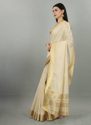 cream zari kasavu saree with classic gold border 3