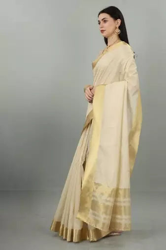 cream zari kasavu saree with classic gold border