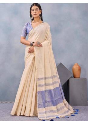 cream linen kasavu saree with blue contrast border 1