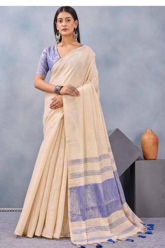 cream linen kasavu saree with blue contrast border