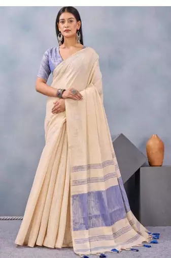 cream linen kasavu saree with blue contrast border
