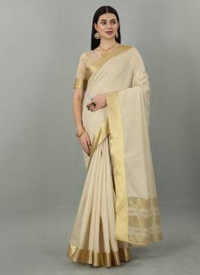 cream zari kasavu saree with classic gold border 4