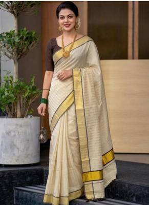 designer off white striped tissue kasavu saree with gold border 3