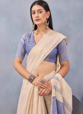 cream linen kasavu saree with blue contrast border 2