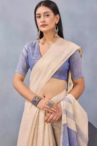cream linen kasavu saree with blue contrast border