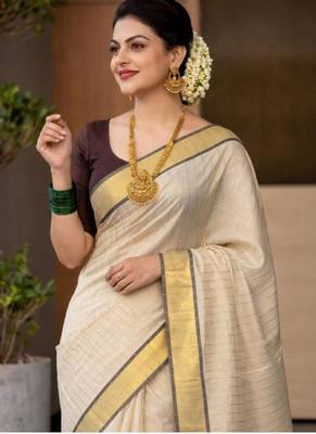 designer off white striped tissue kasavu saree with gold border 4