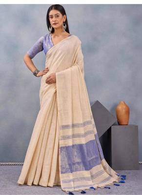 cream linen kasavu saree with blue contrast border 3