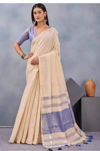 cream linen kasavu saree with blue contrast border