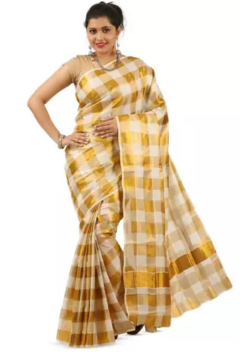 Checked woven design zari pure cotton ready to wear kasavu saree