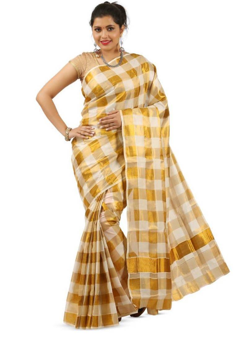Checked woven design zari pure cotton ready to wear kasavu saree