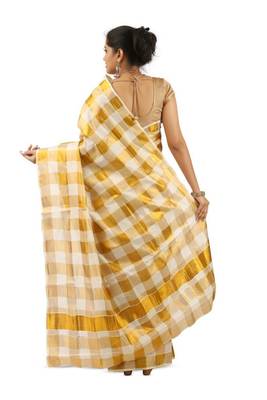 off white checked zari pure cotton ready to wear kasavu saree 3