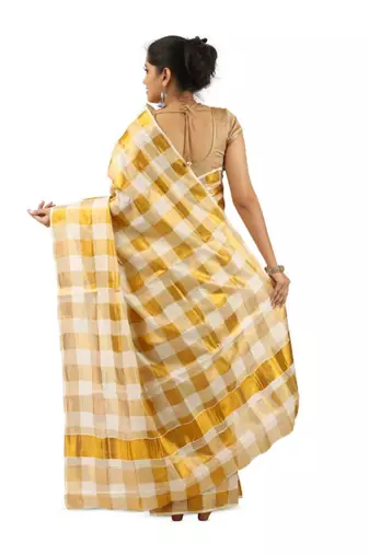 Checked woven design zari pure cotton ready to wear kasavu saree
