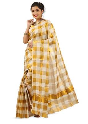 off white checked zari pure cotton ready to wear kasavu saree 4