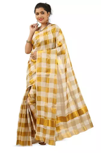 Checked woven design zari pure cotton ready to wear kasavu saree