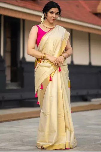 cream tissue kasavu saree with gold border & pink tassels
