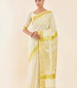 Off white paisley woven design zari tissue kasavu saree