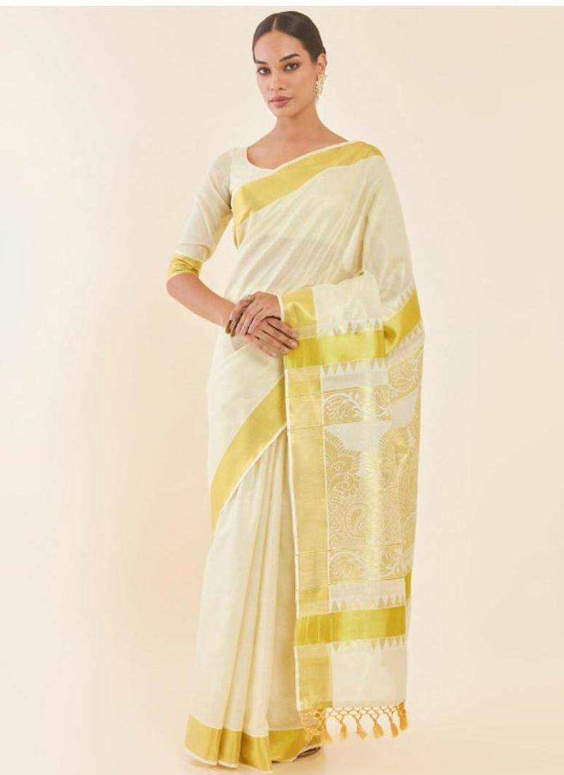 Off white paisley woven design zari tissue kasavu saree