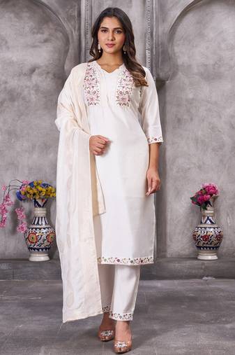 white embroidered kurta with pant and dupatta set