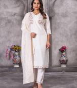 Women's elegant white embroidered kurta with pant and dupatta set