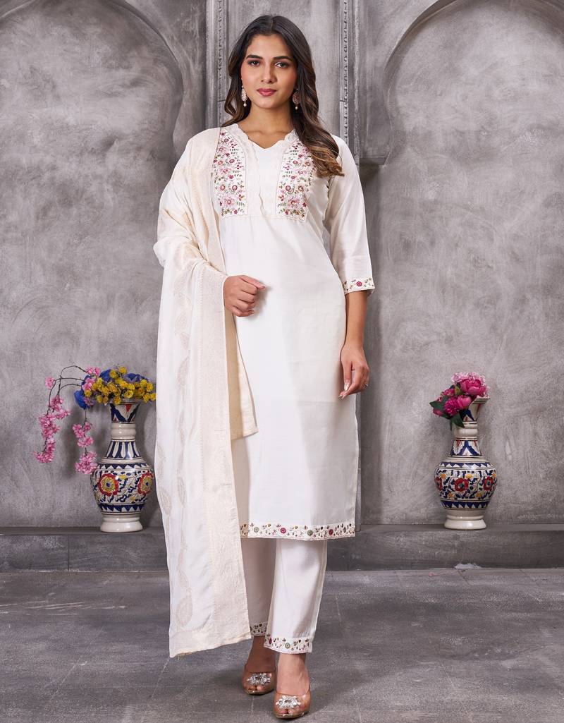 Women's elegant white embroidered kurta with pant and dupatta set