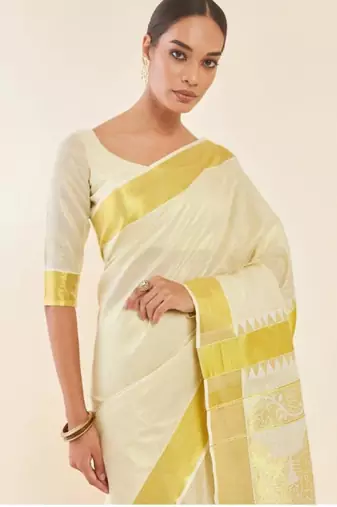 Off white paisley woven design zari tissue kasavu saree
