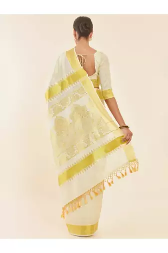 Off white paisley woven design zari tissue kasavu saree