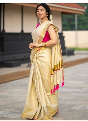 cream tissue kasavu saree with gold border & pink tassels 3