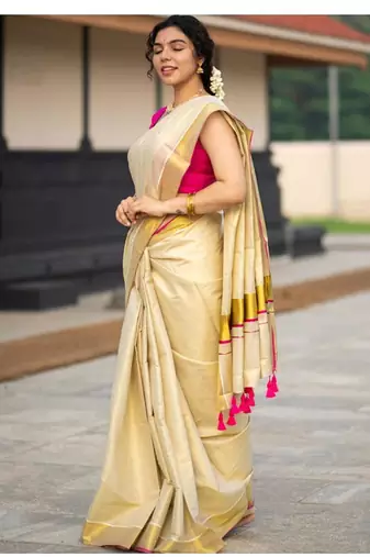 cream tissue kasavu saree with gold border & pink tassels