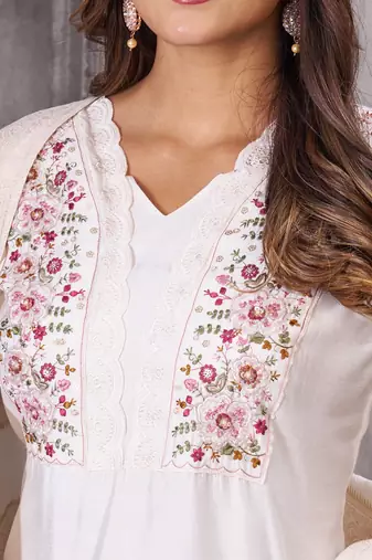 white embroidered kurta with pant and dupatta set