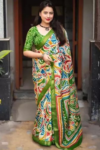 multicolor abstract printed linen blend saree with green border
