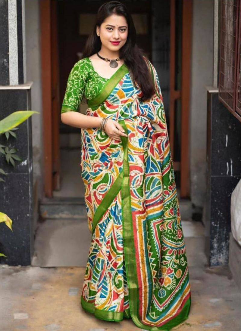 Abstract printed linen blend saree
