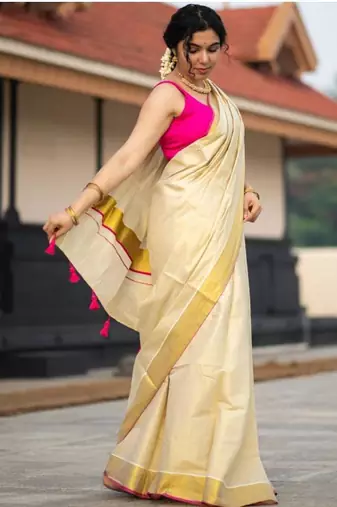 cream tissue kasavu saree with gold border & pink tassels