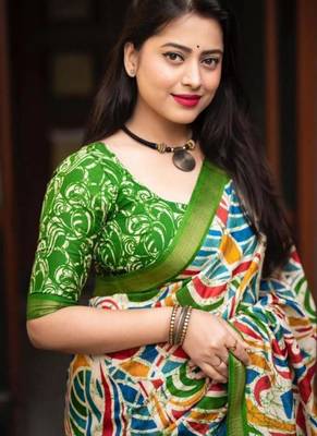 multicolor abstract printed linen blend saree with green border 2