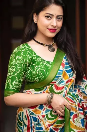 multicolor abstract printed linen blend saree with green border