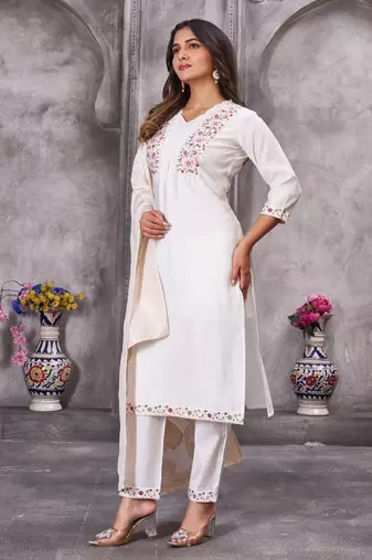 white embroidered kurta with pant and dupatta set