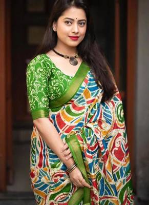 multicolor abstract printed linen blend saree with green border 3