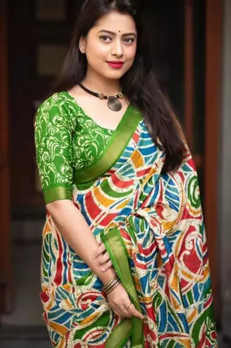 multicolor abstract printed linen blend saree with green border