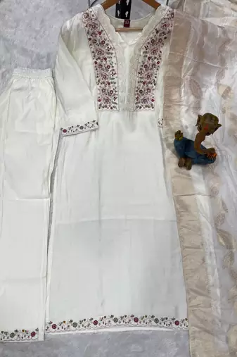 white embroidered kurta with pant and dupatta set