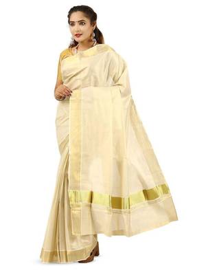 off white pure cotton kasavu saree with golden zari work 1