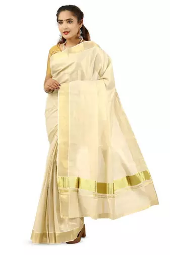 off white pure cotton kasavu saree with golden zari work