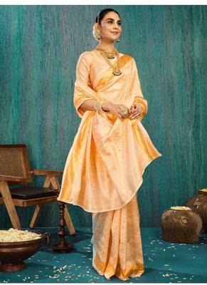 peach color gold woven kasavu saree with zari work 2